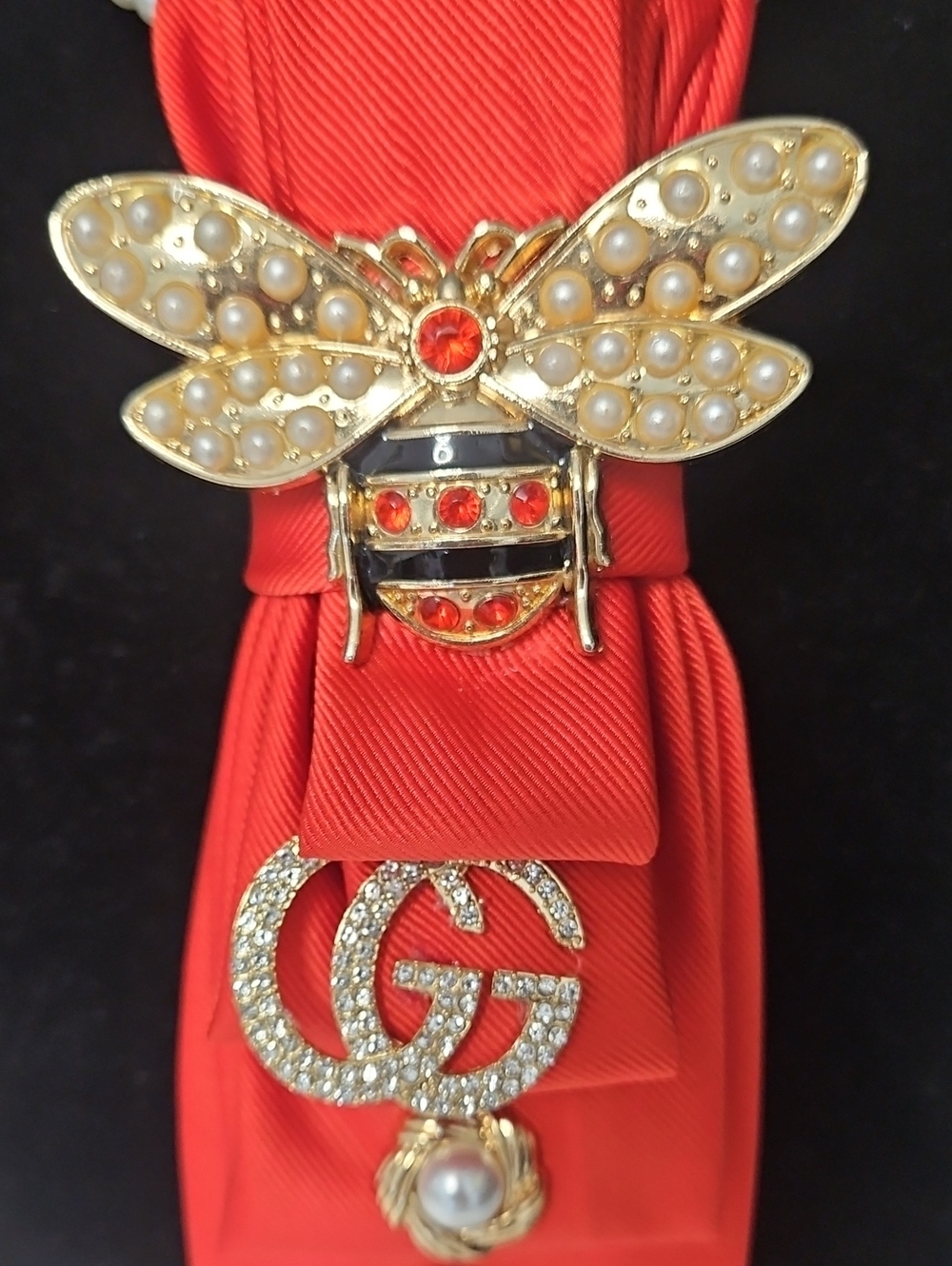 Upcycled Orange-Red Necktie Necklace with Gold Bee Brooch, GG and Pearl Accents - Picture 2 of 6